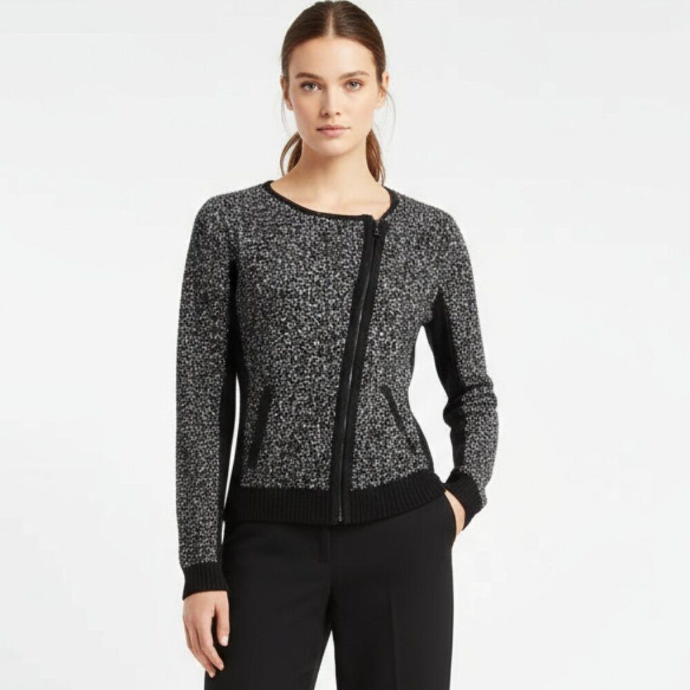 Ann Taylor LOFT Cotton Black & Gray Woven Knit Long Sleeve Zip tweed Jacket S